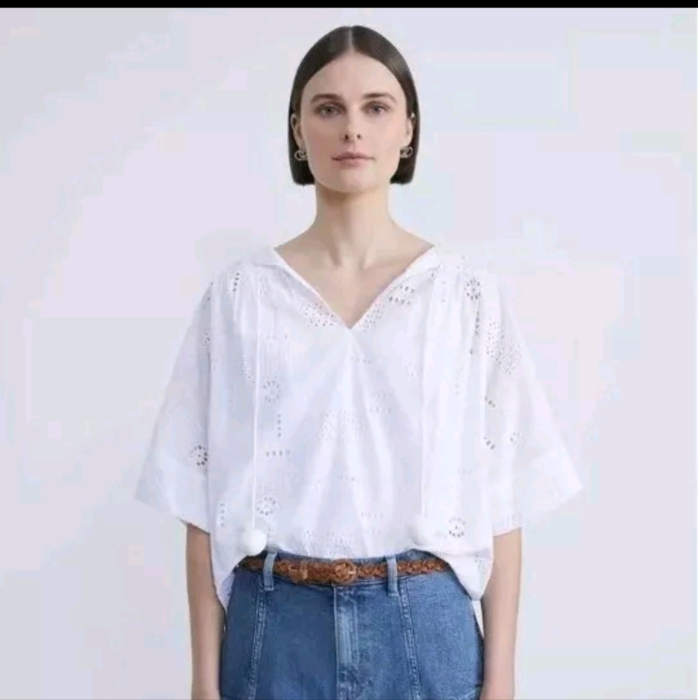 Lafayette 148 New York Patchwork Eyelet Cotton Blouse In White Size Large